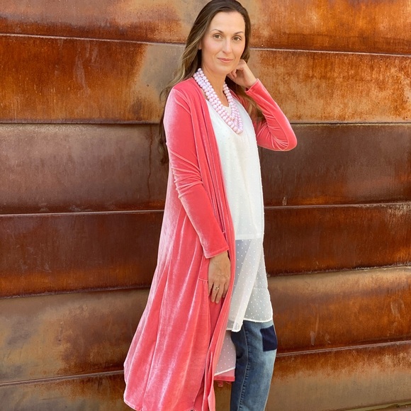 LuLaRoe Other - LuLaRoe Sarah Coral Faux Velvet Duster Small